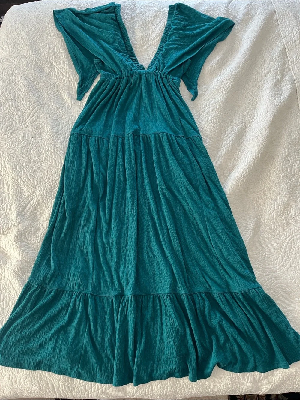Free People Teal V-Neck Tiered Maxi Dress